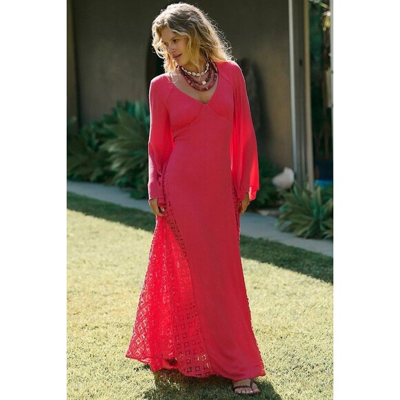 Free People Free-est Hazel Maxi Dress Floral Embroidered Lace Smocked L 283153 - Picture 1 of 8